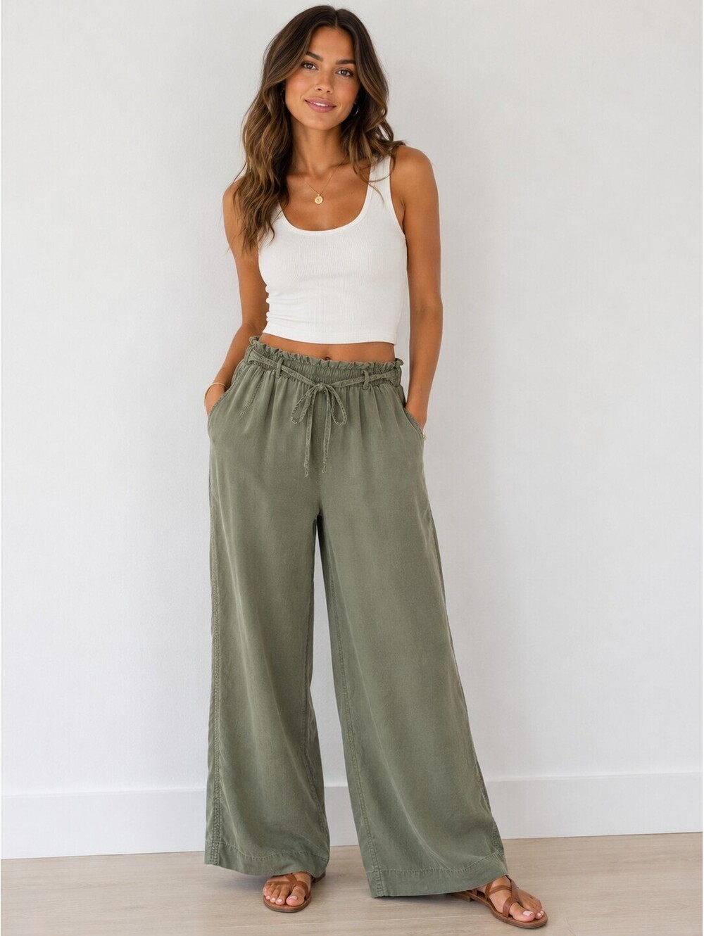 Knox Rose Olive Green Lyocell Wide Leg Pants XXL Boho Drawstring Pull On Casual - Picture 1 of 7